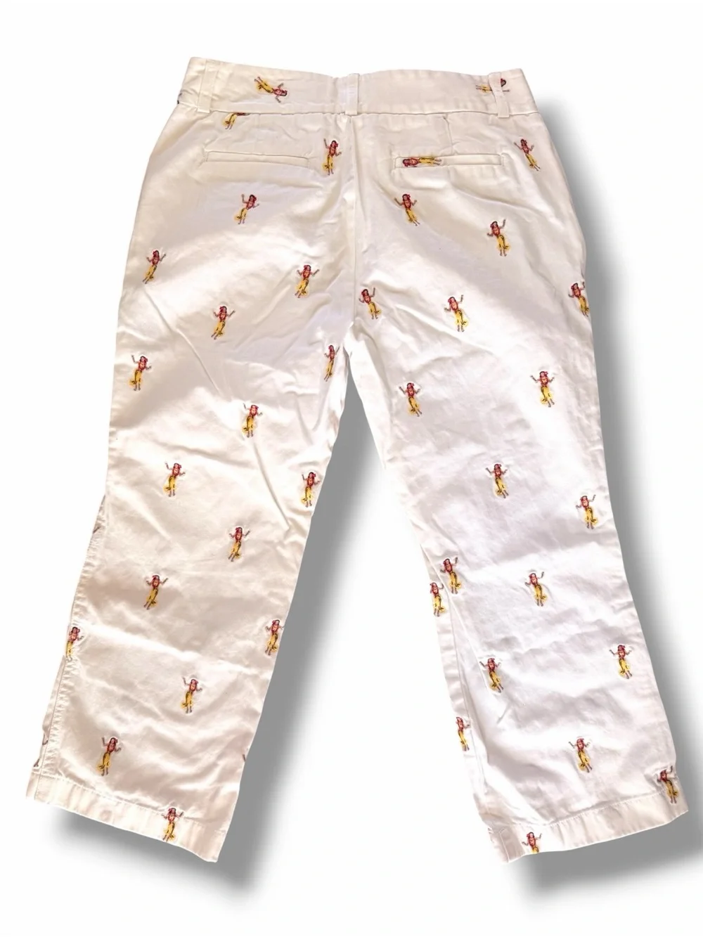 Vintage J.Crew Hawaiian Hula Dancer Embroidered Crop Pants White Cotton Size 6